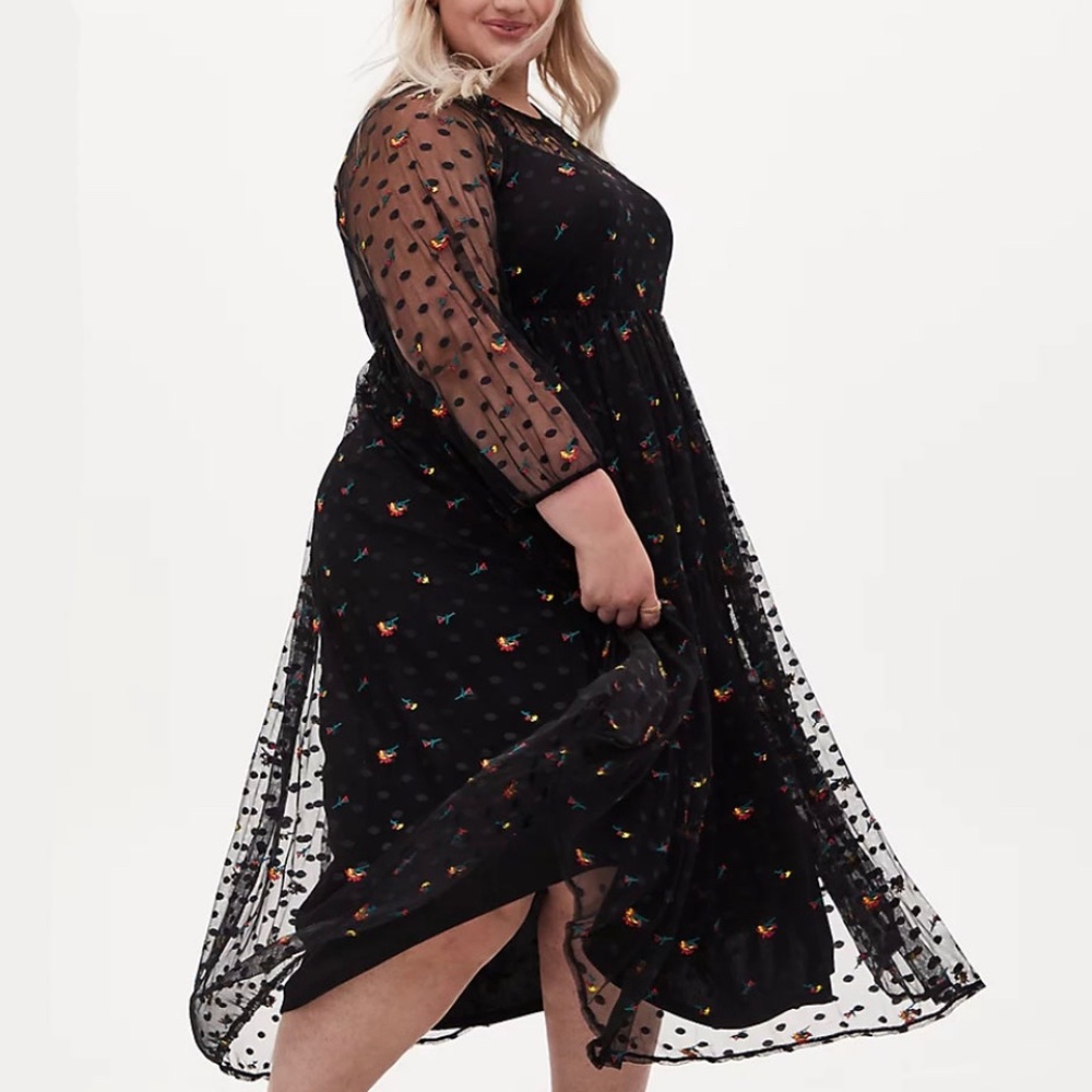 Torrid Black Embroidered Floral Mesh Skater Dress 0X